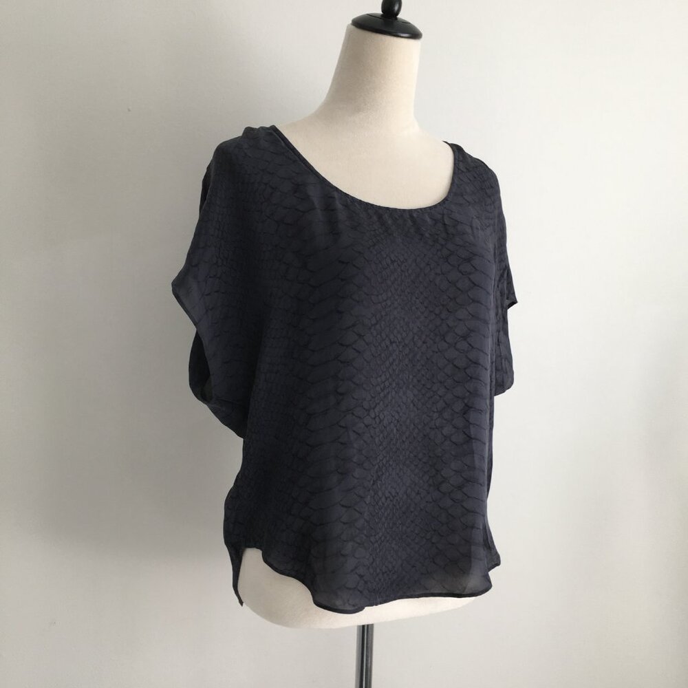 JOIE Dark Gray Black Python Animal Snake Print 100% Silk Ruffle Sleeve Shirt